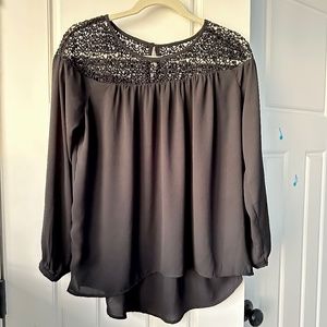 Black Flowy Bouse with Lace around the top and gathers - Medium Petite NWOT